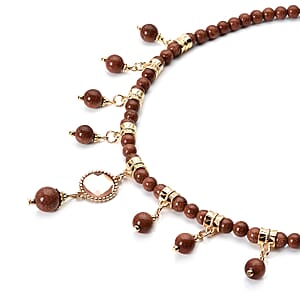 Gold Sandstone and Peach Glass Beaded Station Necklace 18-20 Inches in Goldtone 165.00 ctw