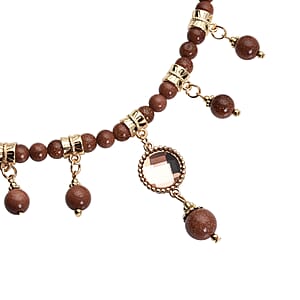 Gold Sandstone and Peach Glass Beaded Station Necklace 18-20 Inches in Goldtone 165.00 ctw