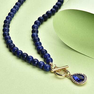 Blue Color Glass, Austrian Crystal and Lapis Lazuli Beaded Necklace 20 Inches in Goldtone 260.00 ctw