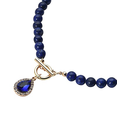 Blue Color Glass, Austrian Crystal and Lapis Lazuli Beaded Necklace 20 Inches in Goldtone 260.00 ctw