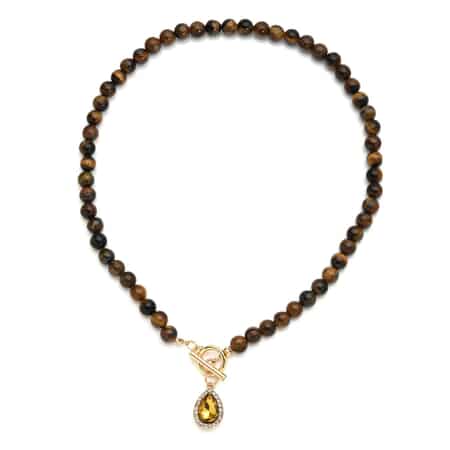 Champagne Color Glass, Austrian Crystal and Yellow Tiger's Eye Beaded Necklace 20 Inches in Goldtone 260.00 ctw image number 0