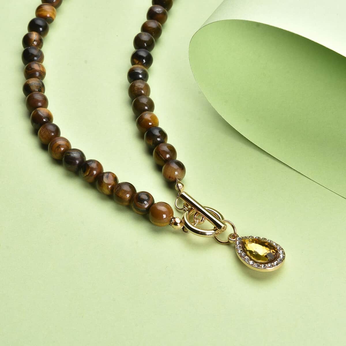 Champagne Color Glass, Austrian Crystal and Yellow Tiger's Eye Beaded Necklace 20 Inches in Goldtone 260.00 ctw image number 1