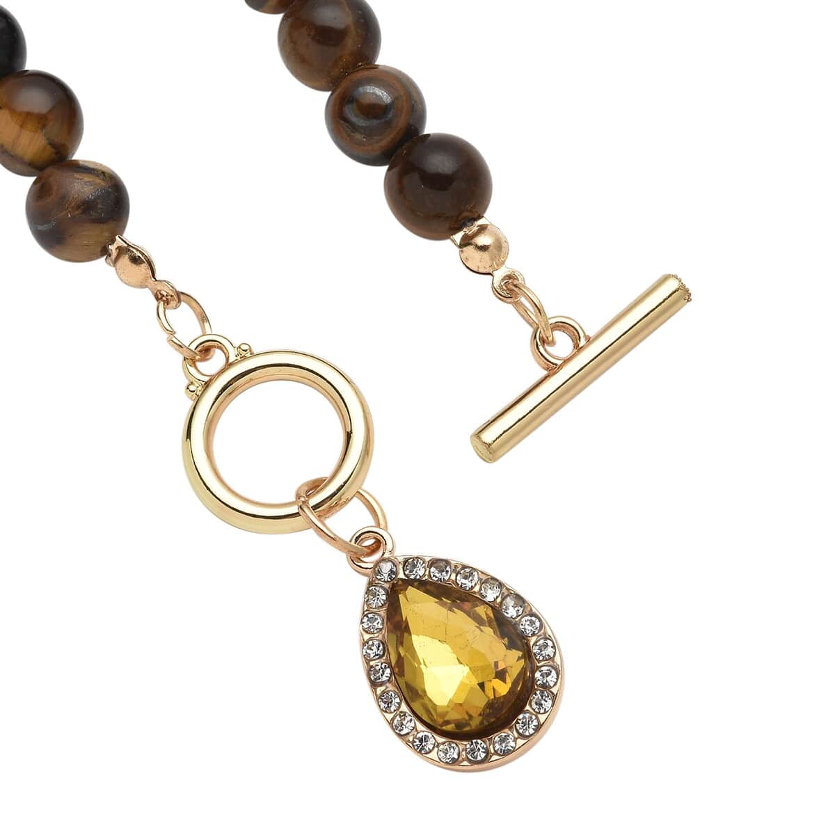 Champagne Color Glass, Austrian Crystal and Yellow Tiger's Eye Beaded Necklace 20 Inches in Goldtone 260.00 ctw image number 3