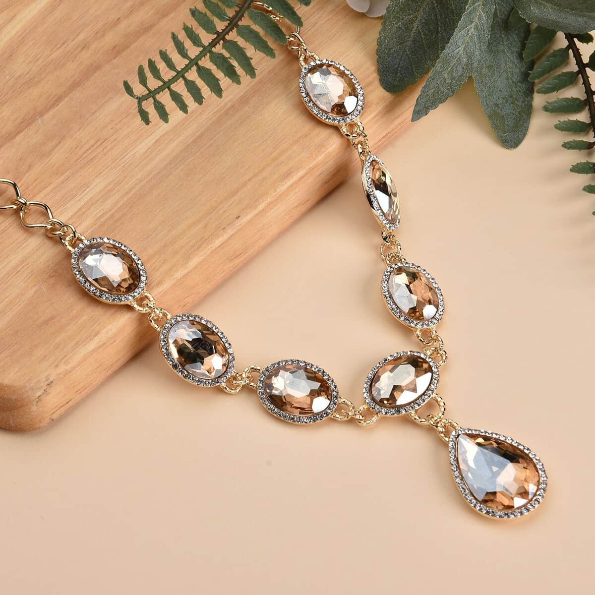 Simulated Champagne Quartz and Austrian Crystal Necklace 20-22Inches in Goldtone image number 1