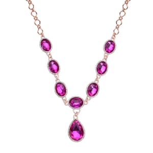 Simulated Pink Sapphire and Austrian Crystal Necklace 20-22Inches in Rosetone