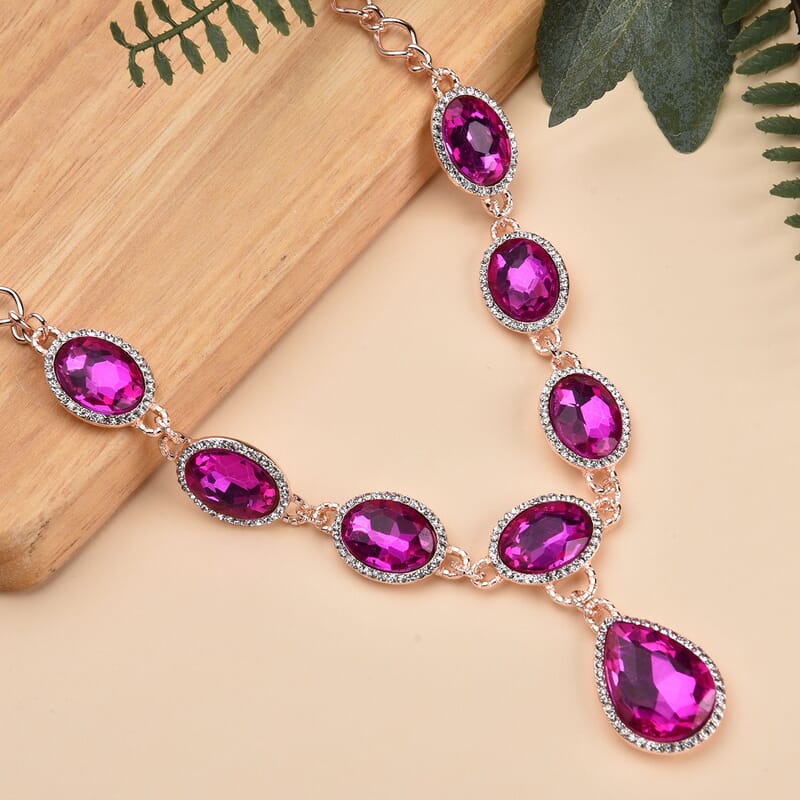 Simulated Pink Sapphire and Austrian Crystal Necklace 20-22Inches in Rosetone