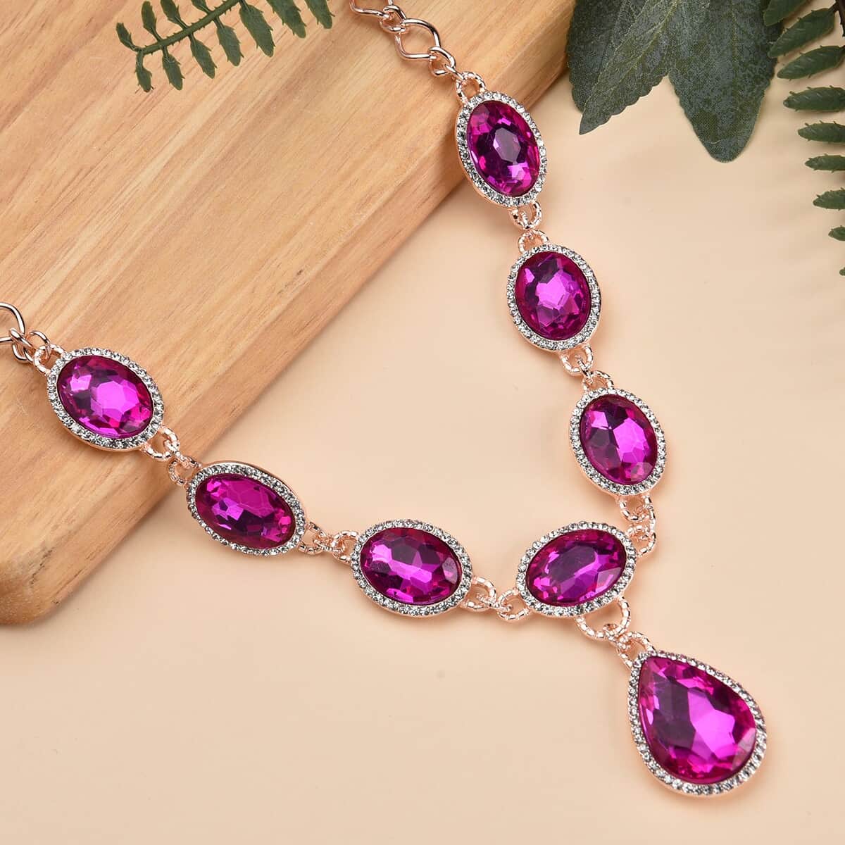 Simulated Pink Sapphire and Austrian Crystal Necklace 20-22Inches in Rosetone image number 1