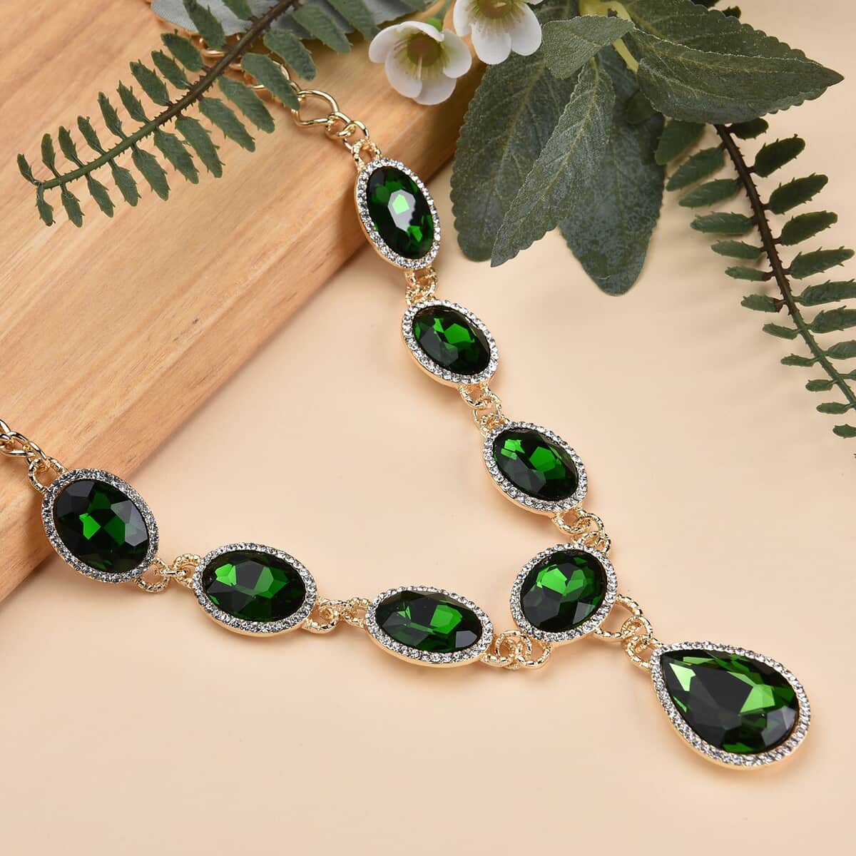 Simulated Diopside and Austrian Crystal Necklace 20-22Inches in Goldtone image number 1