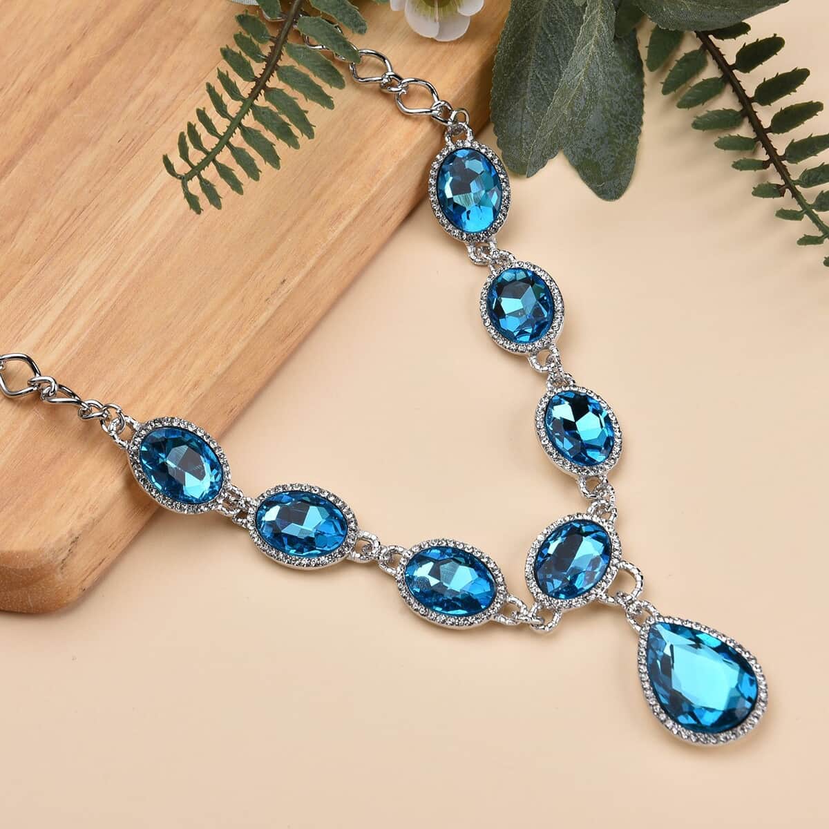 Simulated Blue Topaz and Austrian Crystal Necklace 20-22Inches in Silvertone image number 1
