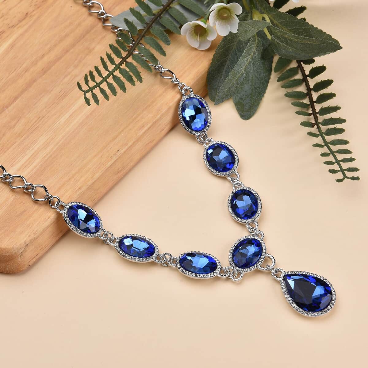 Simulated Blue Sapphire and Austrian Crystal Necklace 20-22Inches in Silvertone image number 1