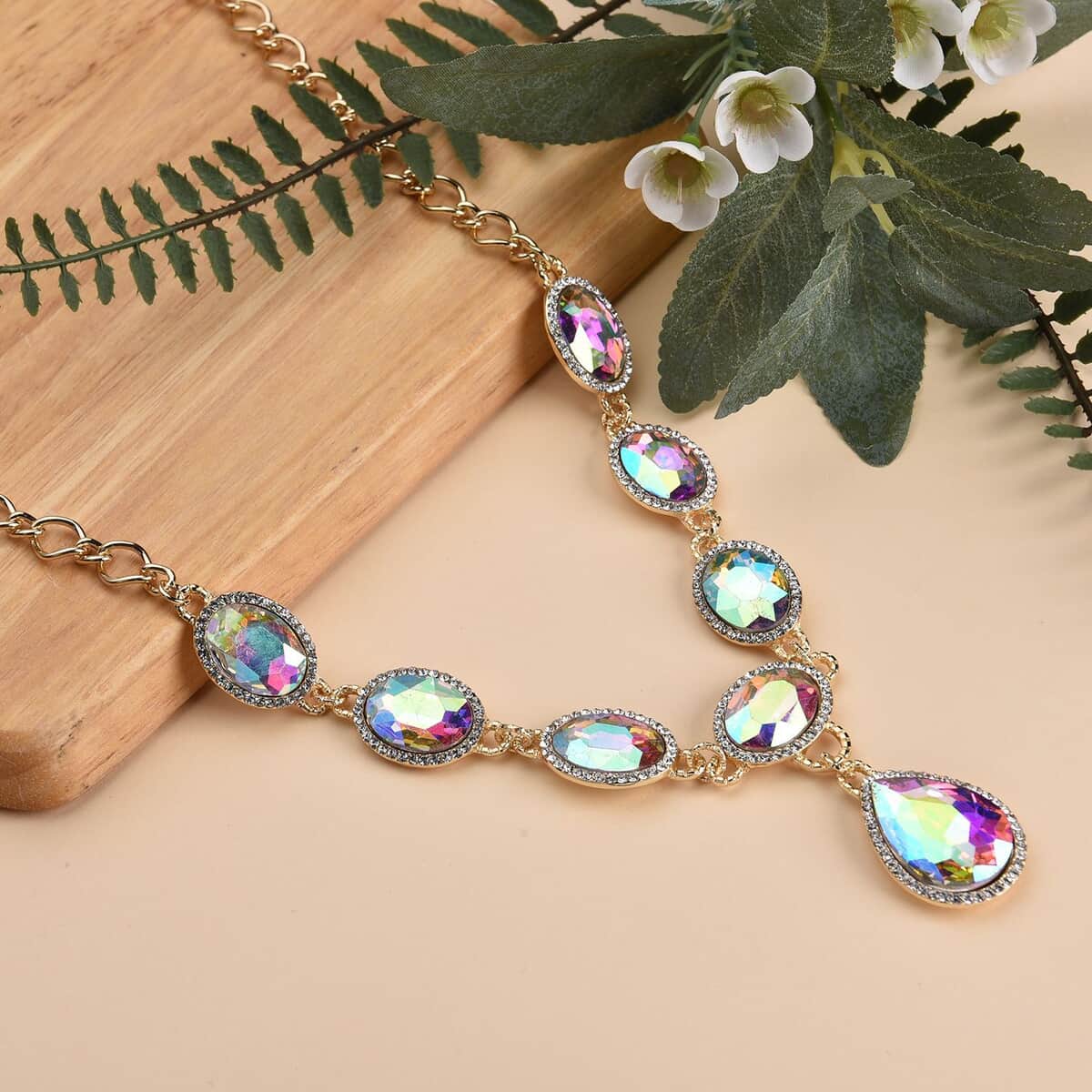 Simulated Aurora Borealis and Austrian Crystal Necklace 20-22Inches in Goldtone image number 1