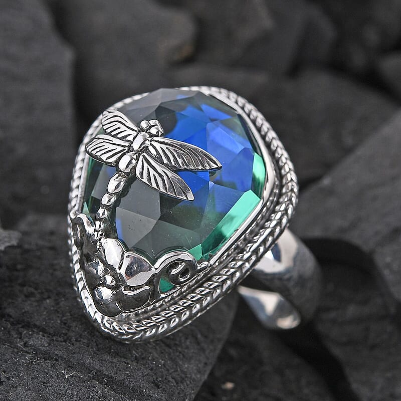 Bali Legacy Peacock Quartz (Triplet) Dragonfly Ring in Sterling Silver (Size 10.0) 18.10 ctw