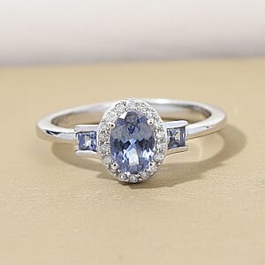 Tanzanite and Natural White Zircon Ring in Platinum Over Sterling Silver (Size 6.0) 0.90 ctw