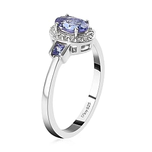 Tanzanite and Natural White Zircon Ring in Platinum Over Sterling Silver (Size 6.0) 0.90 ctw