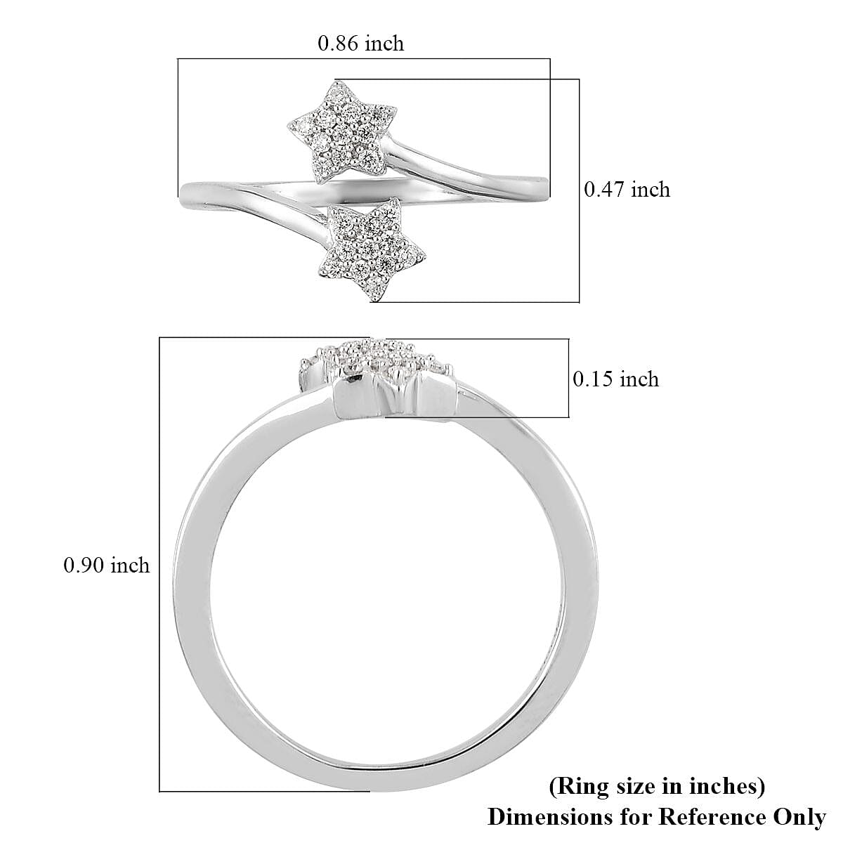 Luxuriant Lab Grown Diamond G-H SI Star Bypass Ring in Platinum Over Sterling Silver (Size 10.0) 0.15 ctw