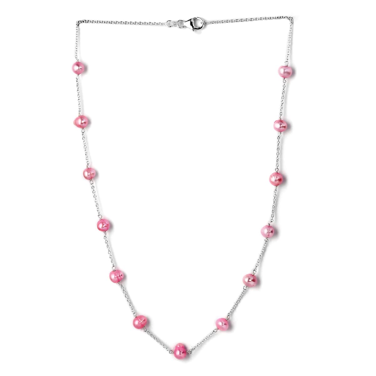 Pink Freshwater Pearl Station Necklace 18 Inches in Sterling Silver image number 3
