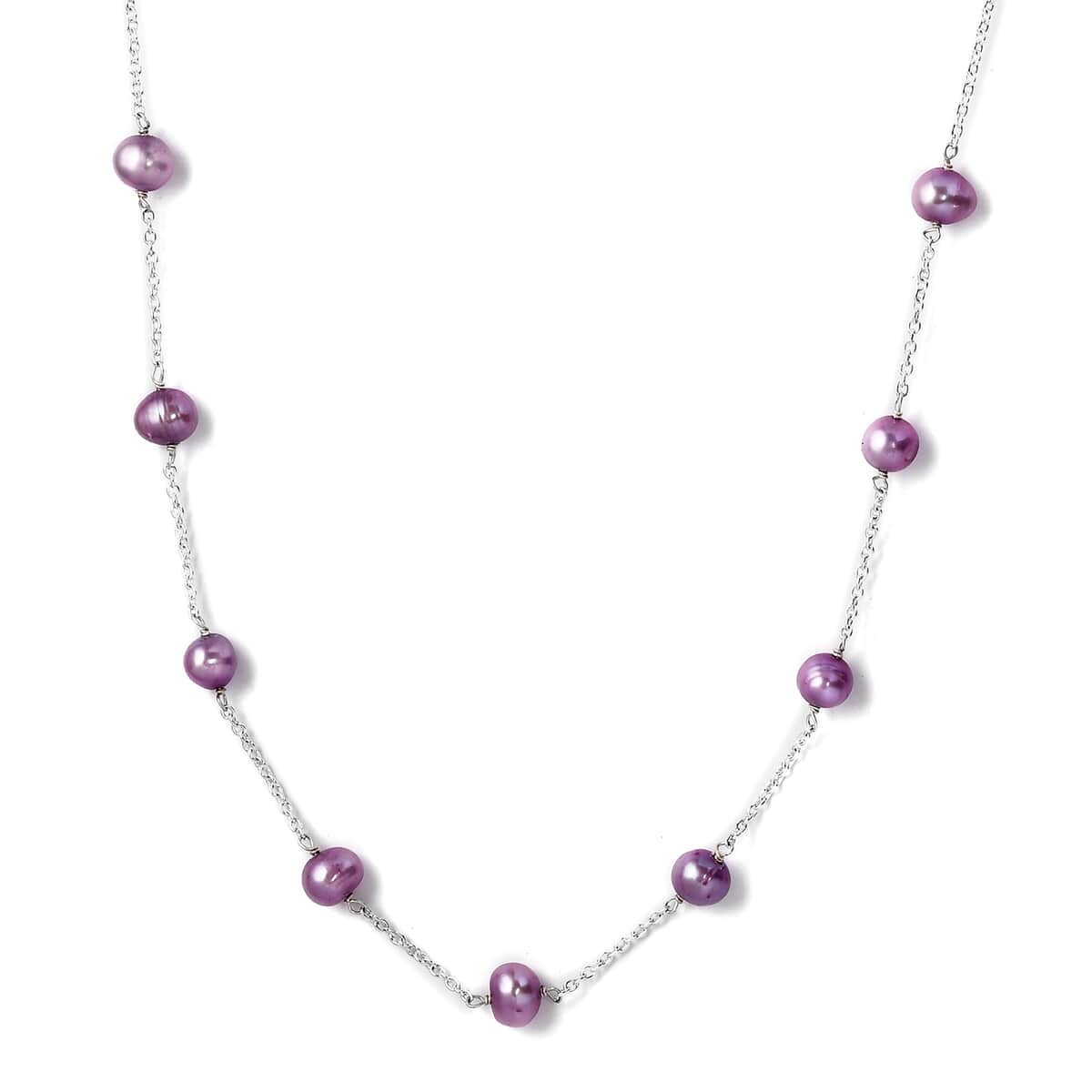 Purple Freshwater Pearl Station Necklace 18 Inches in Sterling Silver image number 0