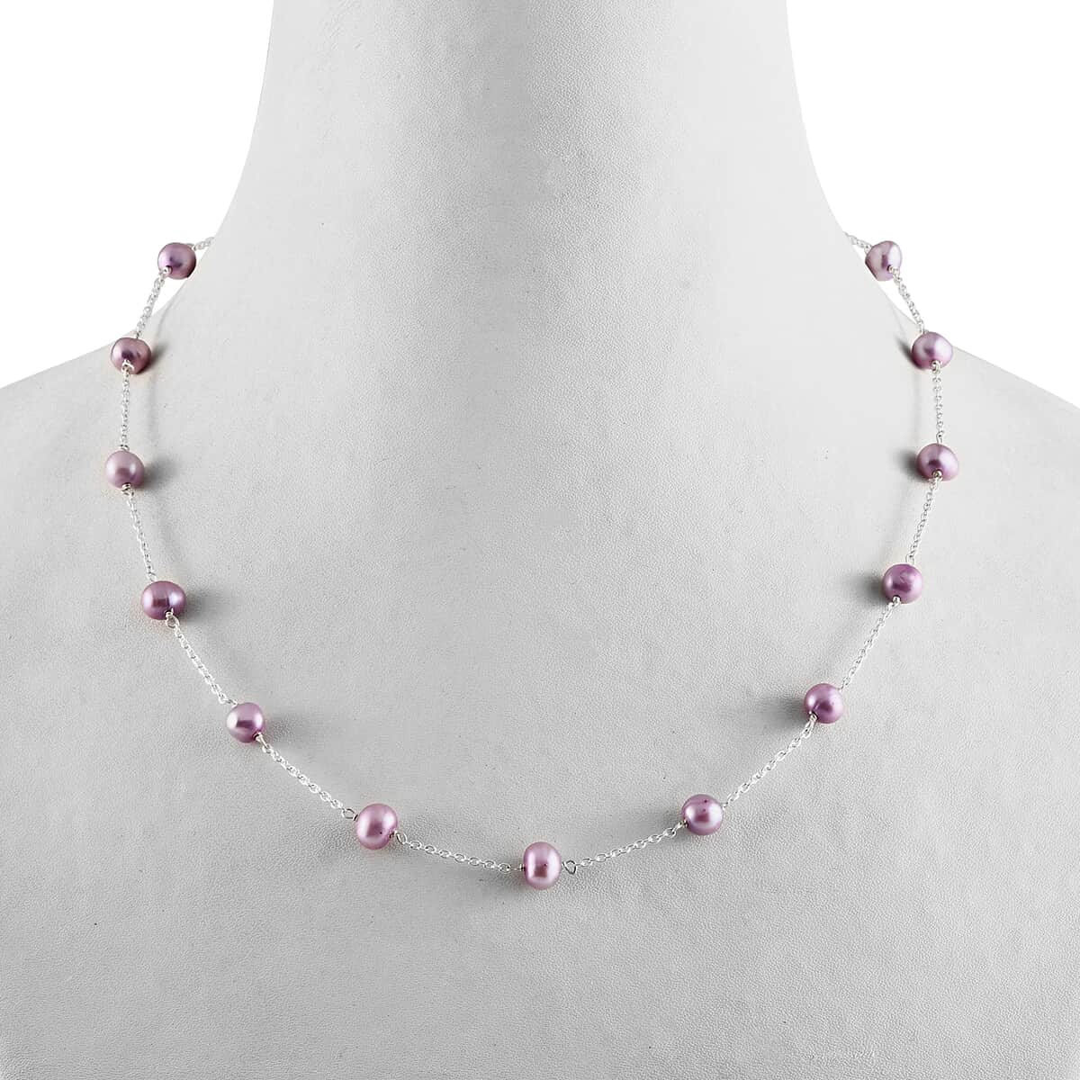 Purple Freshwater Pearl Station Necklace 18 Inches in Sterling Silver image number 2