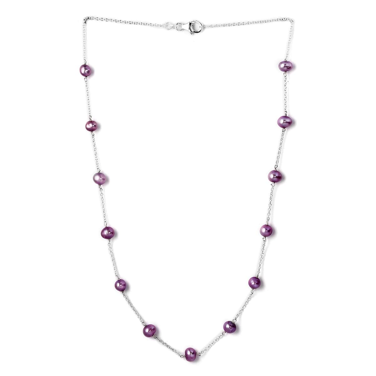 Purple Freshwater Pearl Station Necklace 18 Inches in Sterling Silver image number 3