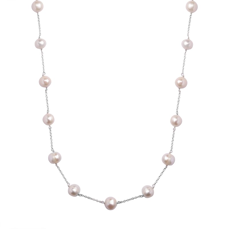 Freshwater Pearl Station Necklace 18 Inches in Sterling Silver 41.60 ctw