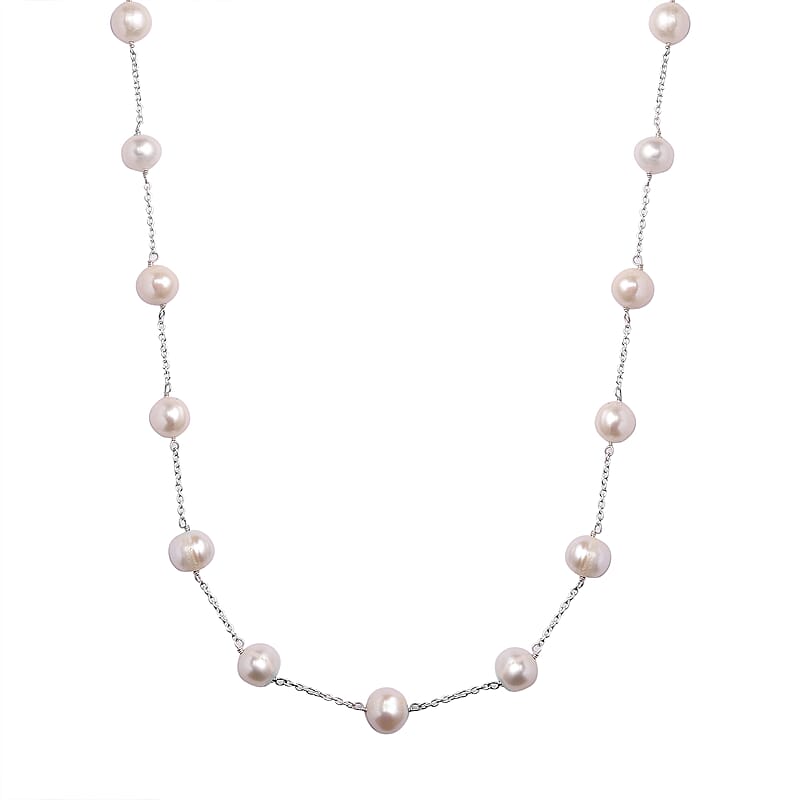 Freshwater Pearl Station Necklace 18 Inches in Sterling Silver 41.60 ctw