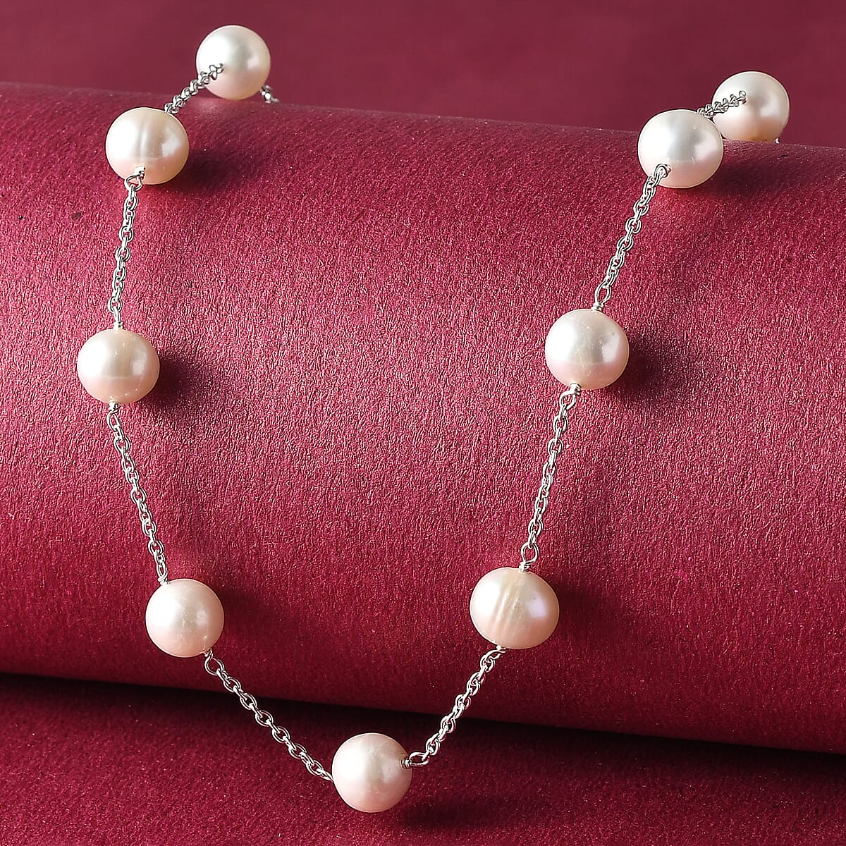 Freshwater Pearl Station Necklace 18 Inches in Sterling Silver 41.60 ctw image number 1