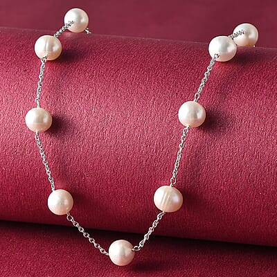 Freshwater Pearl Station Necklace 18 Inches in Sterling Silver 41.60 ctw