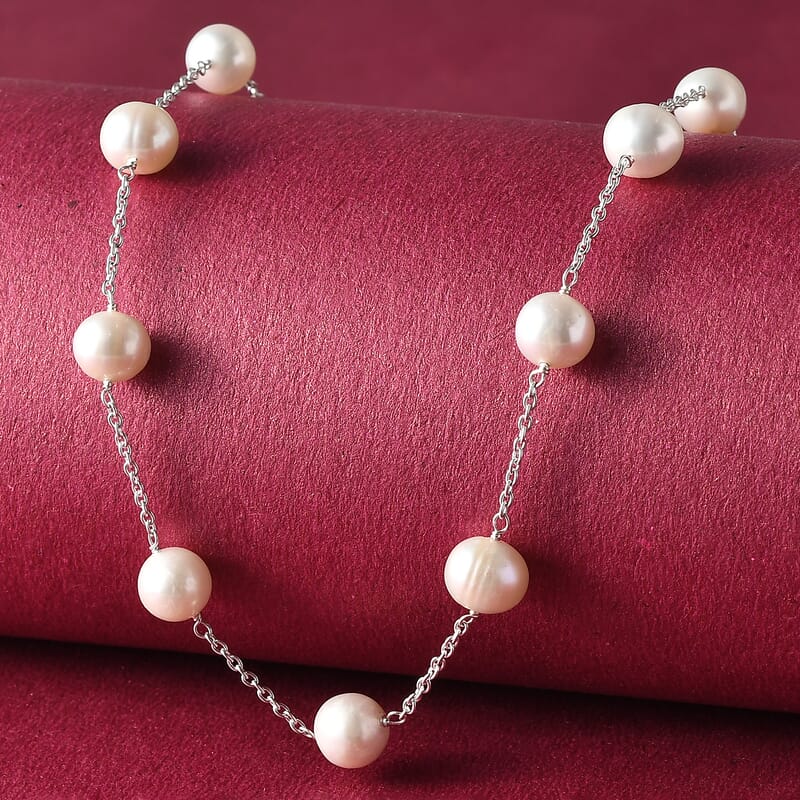 Freshwater Pearl Station Necklace 18 Inches in Sterling Silver 41.60 ctw