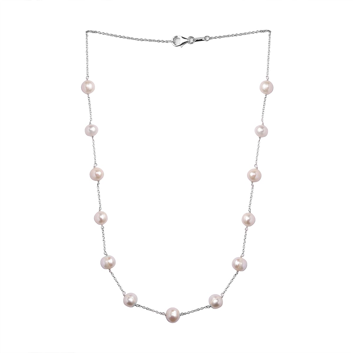 Freshwater Pearl Station Necklace 18 Inches in Sterling Silver 41.60 ctw image number 3