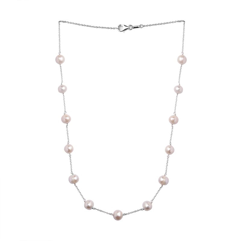 Freshwater Pearl Station Necklace 18 Inches in Sterling Silver 41.60 ctw