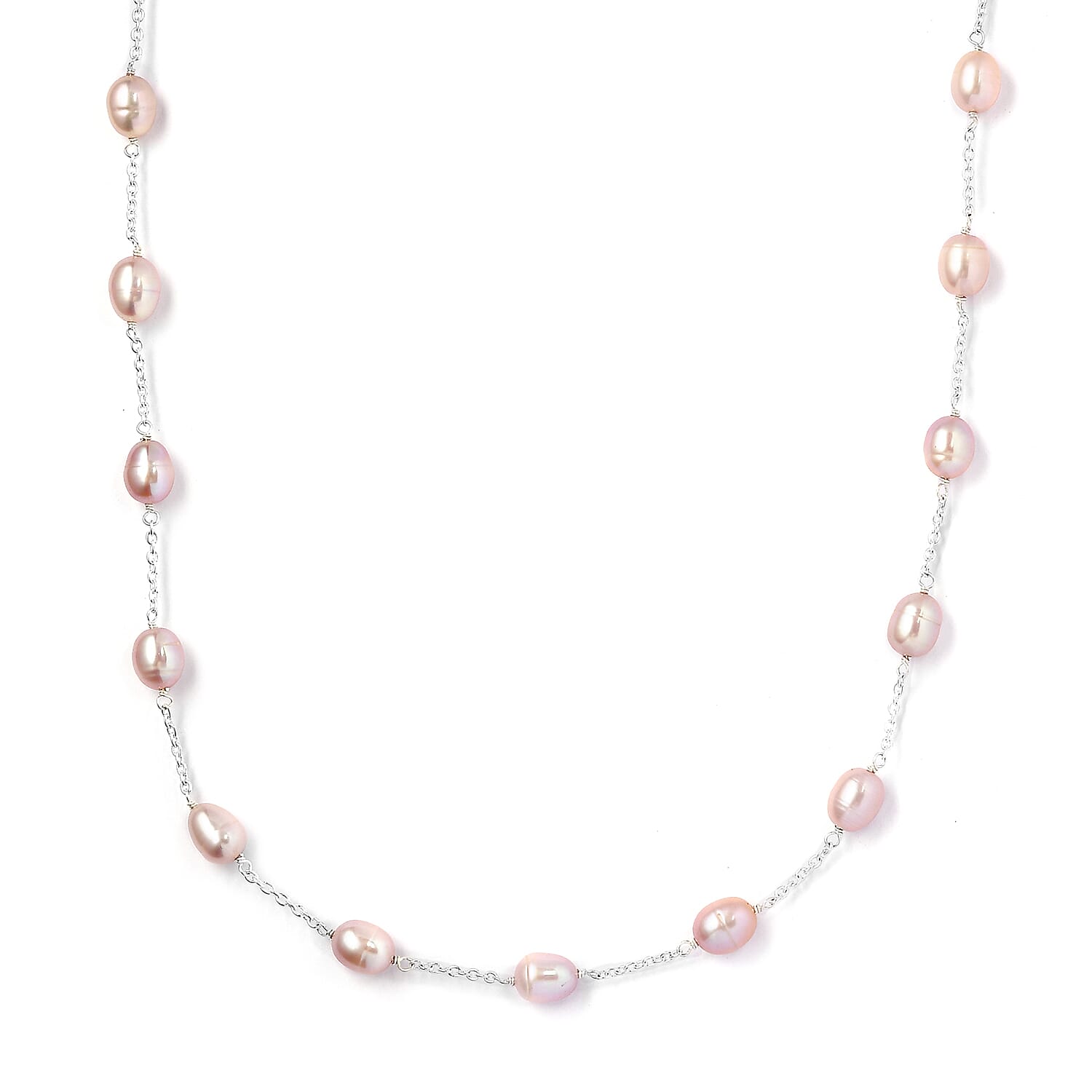 Pink Freshwater Pearl Station Necklace 18 Inches in Sterling Silver 41.60 ctw