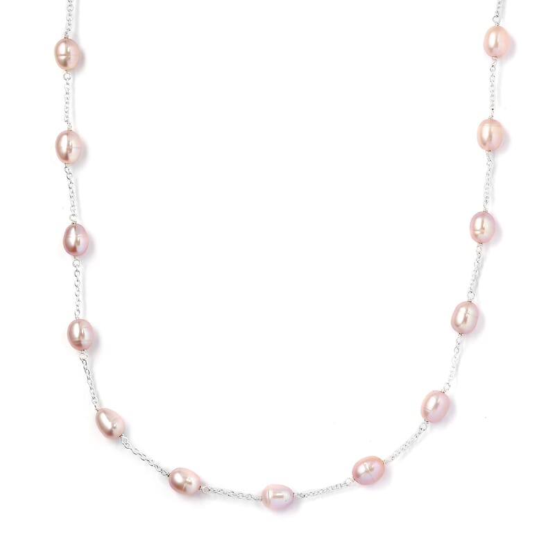 Pink Freshwater Pearl Station Necklace 18 Inches in Sterling Silver 41.60 ctw
