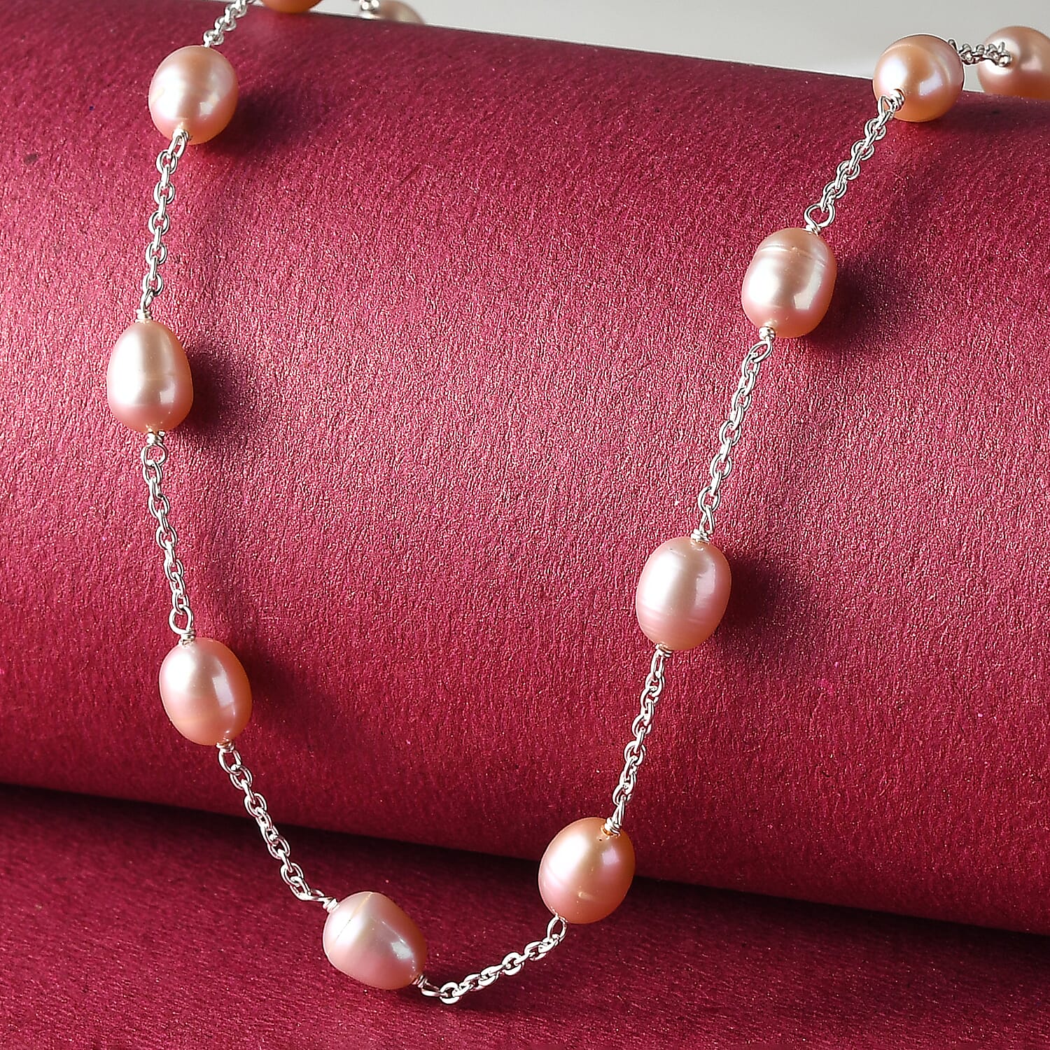 Pink Freshwater Pearl Station Necklace 18 Inches in Sterling Silver 41.60 ctw