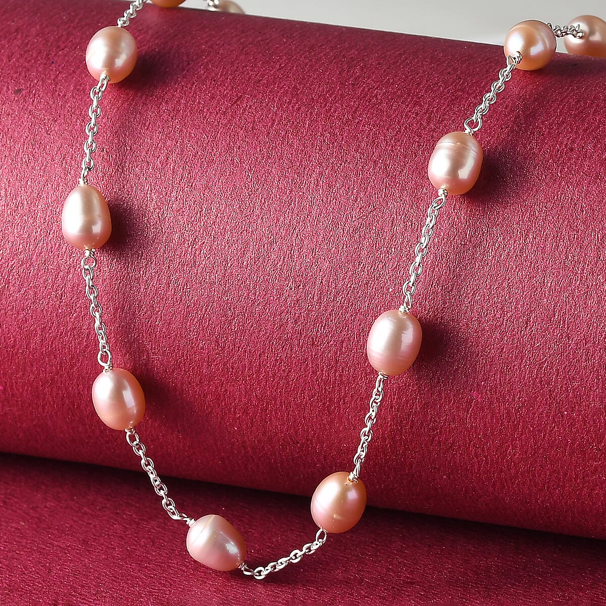 Pink Freshwater Pearl Station Necklace 18 Inches in Sterling Silver 41.60 ctw image number 1