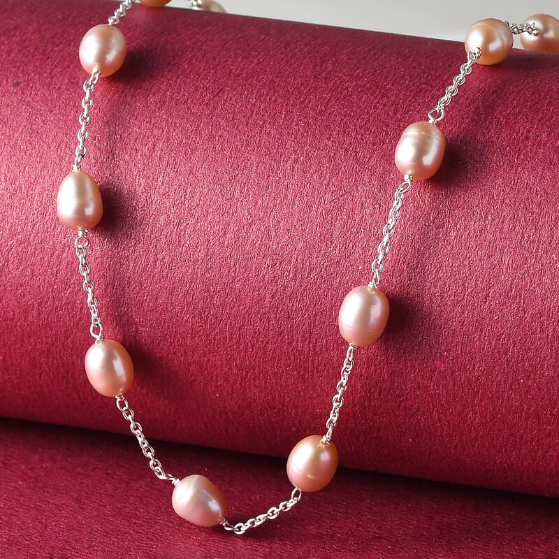 Pink Freshwater Pearl Station Necklace 18 Inches in Sterling Silver 41.60 ctw