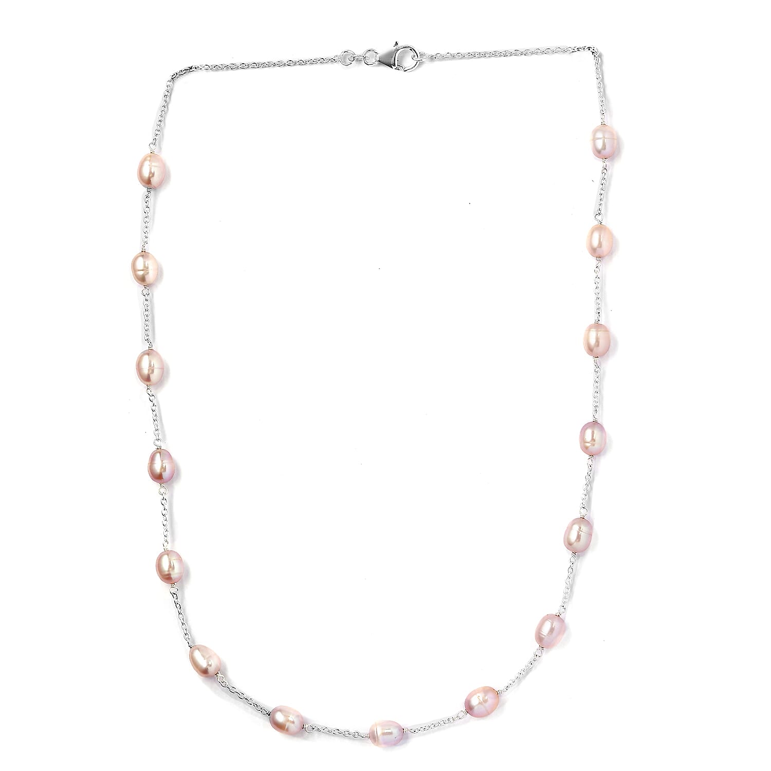 Pink Freshwater Pearl Station Necklace 18 Inches in Sterling Silver 41.60 ctw