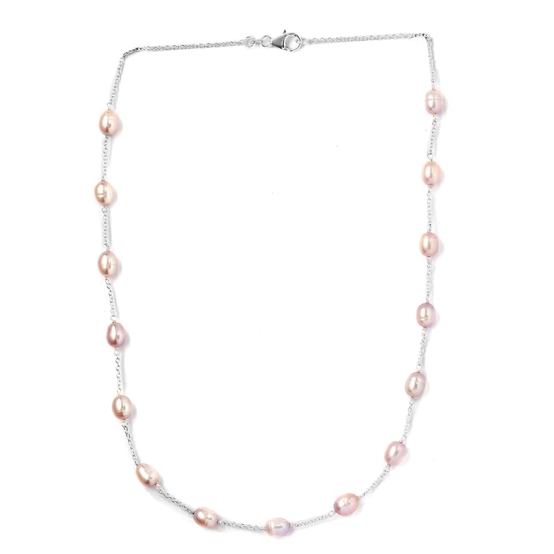 Pink Freshwater Pearl Station Necklace 18 Inches in Sterling Silver 41.60 ctw