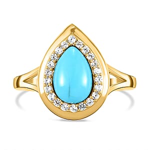 Sleeping Beauty Turquoise and White Zircon 1.26 ctw Ring in 14K YG Over Sterling Silver (Size 9)