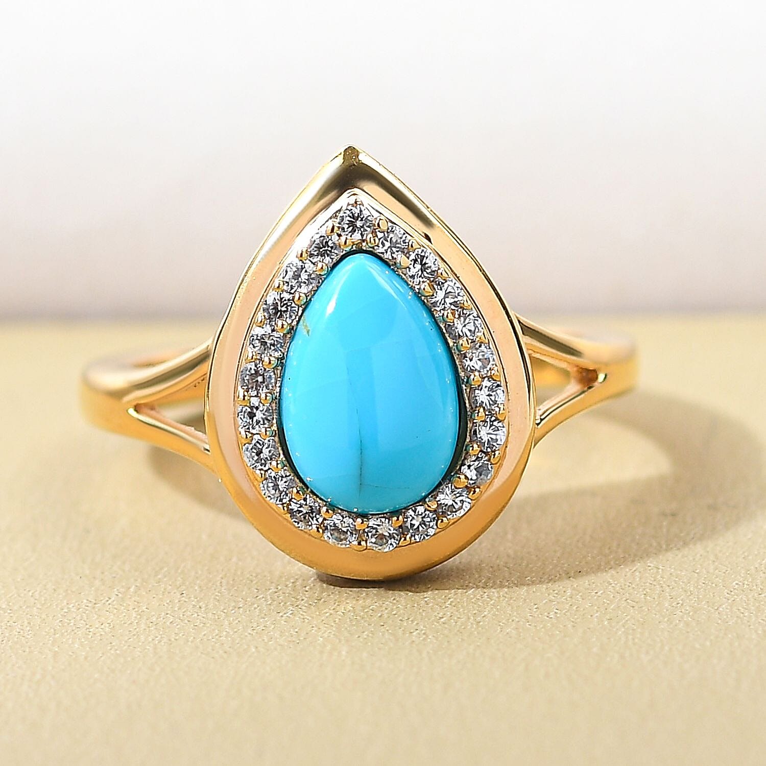 Sleeping Beauty Turquoise and White Zircon 1.26 ctw Ring in 14K YG Over Sterling Silver (Size 9)