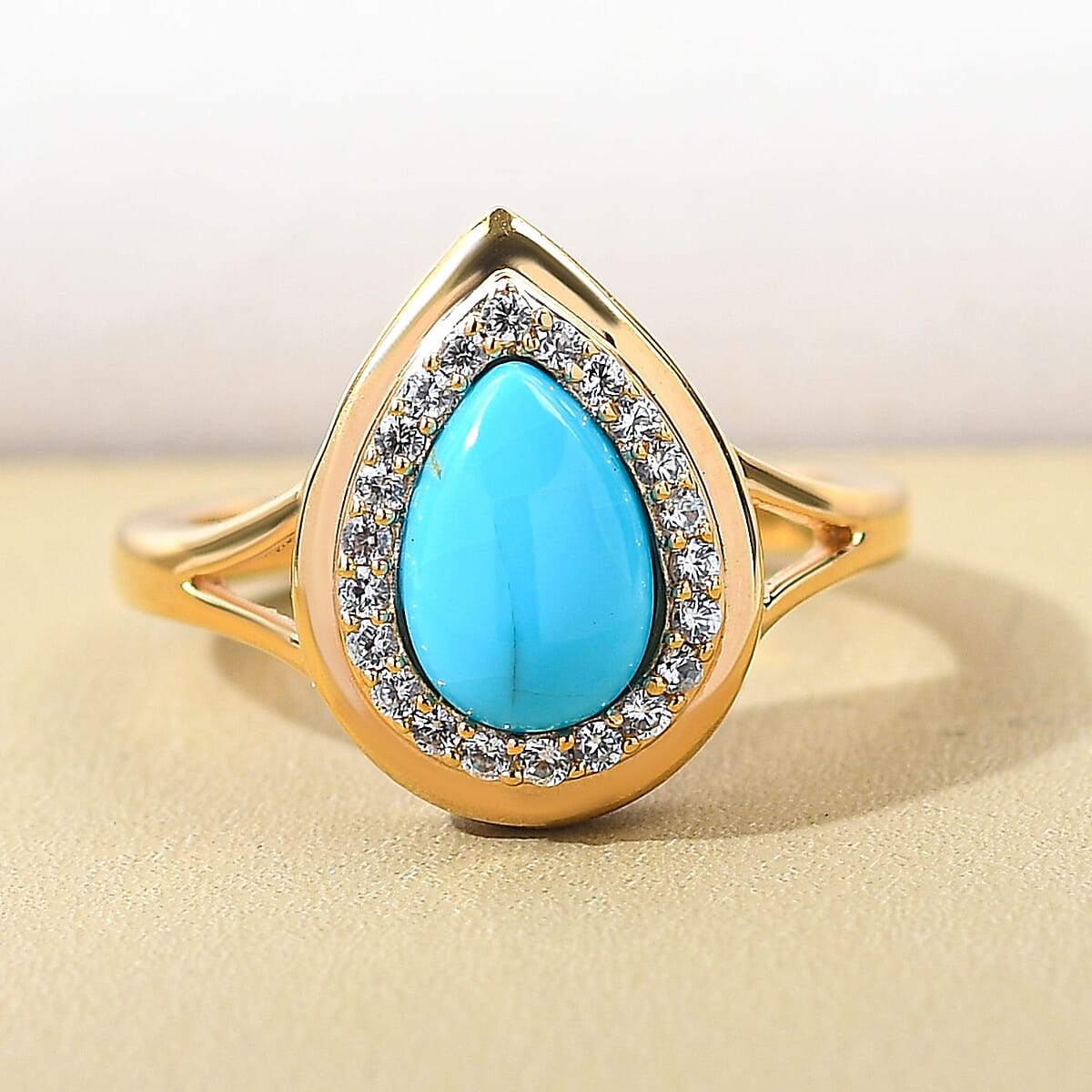 Sleeping Beauty Turquoise and White Zircon 1.26 ctw Ring in 14K YG Over Sterling Silver (Size 9) image number 1