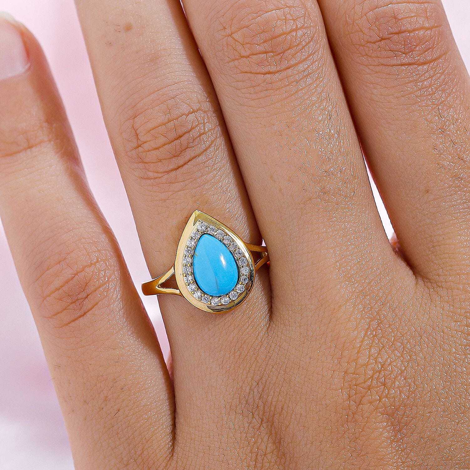 Sleeping Beauty Turquoise and White Zircon 1.26 ctw Ring in 14K YG Over Sterling Silver (Size 9)