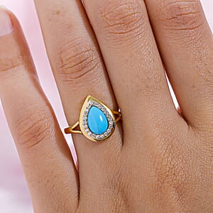 Sleeping Beauty Turquoise and White Zircon 1.26 ctw Ring in 14K YG Over Sterling Silver (Size 9)