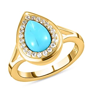 Sleeping Beauty Turquoise and White Zircon 1.26 ctw Ring in 14K YG Over Sterling Silver (Size 9)