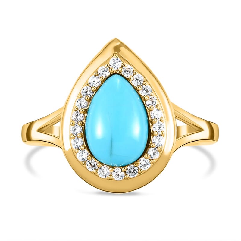 Sleeping Beauty Turquoise and White Zircon 1.26 ctw Ring in 14K YG Over Sterling Silver (Size 11.5)