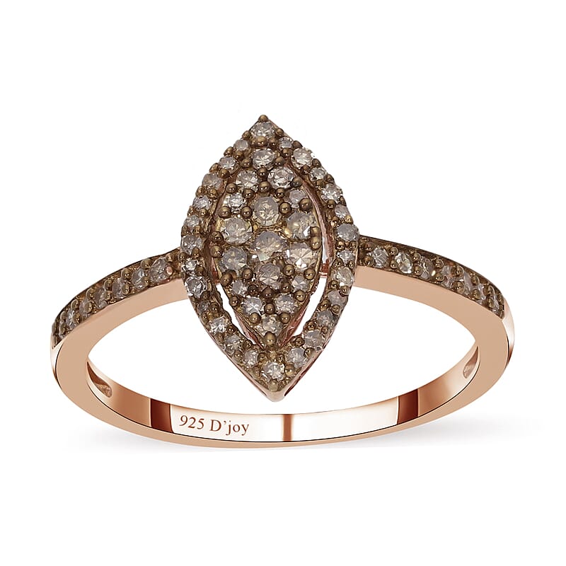 Natural Champagne Diamond Marquee Shape Ring in Rhodium and Vermeil Rose Gold Over Sterling Silver (Size 6.0) 0.50 ctw