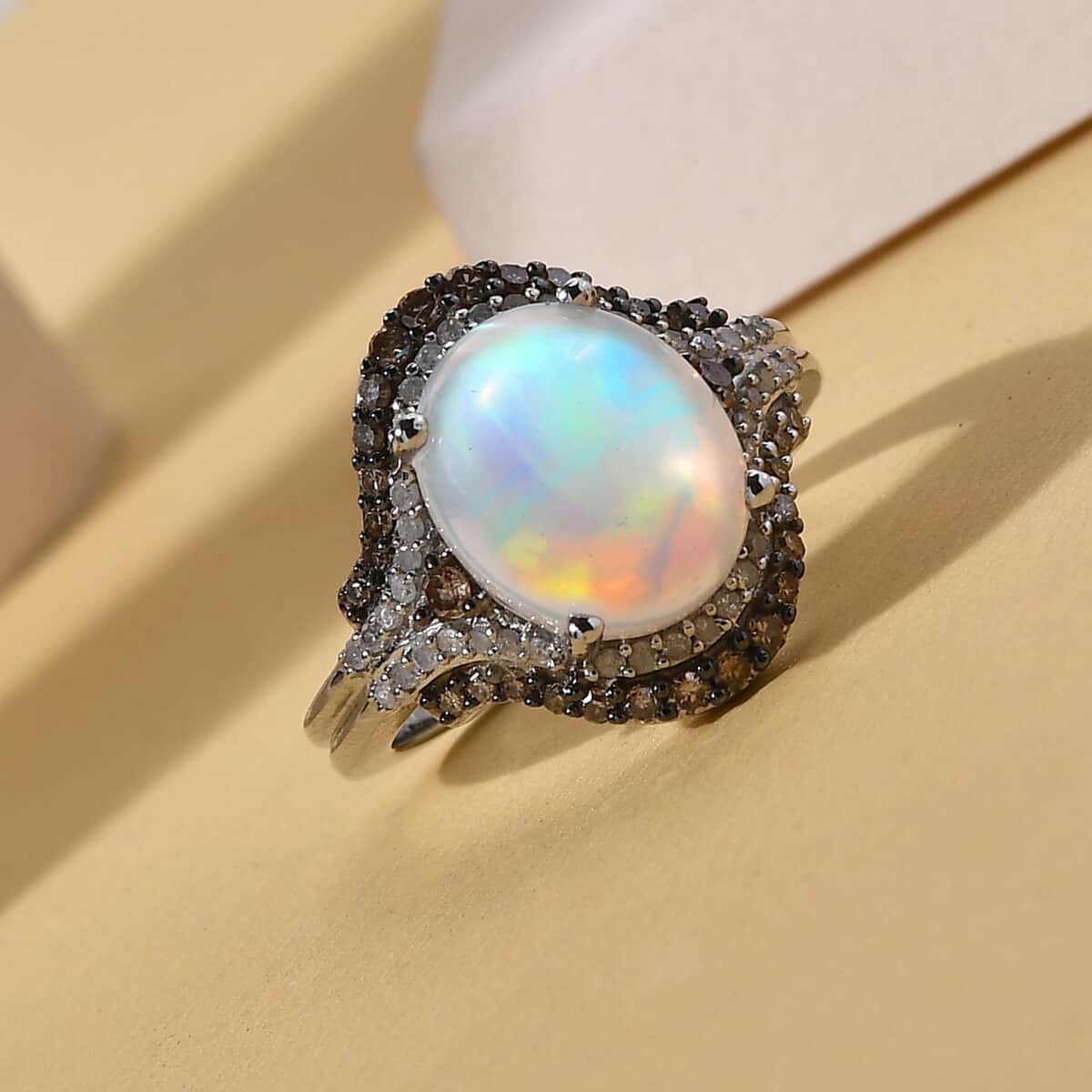 Premium Ethiopian Welo Opal, Natural Champagne and White Diamond Ring in Rhodium and Platinum Over Sterling Silver (Size 9.0) 3.35 ctw image number 1