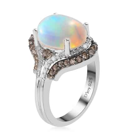 Premium Ethiopian Welo Opal, Natural Champagne and White Diamond Ring in Rhodium and Platinum Over Sterling Silver (Size 9.0) 3.35 ctw image number 3