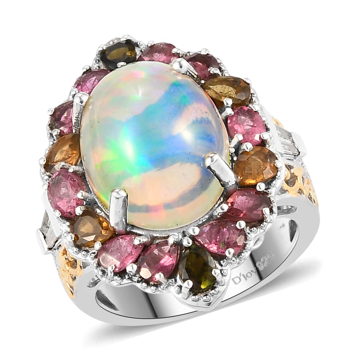 Ethiopian Welo Opal and Multi Gemstone Halo Ring in Vermeil Yellow Gold and Platinum Over Sterling Silver (Size 6.0) 7.50 Grams 8.00 ctw image number 0