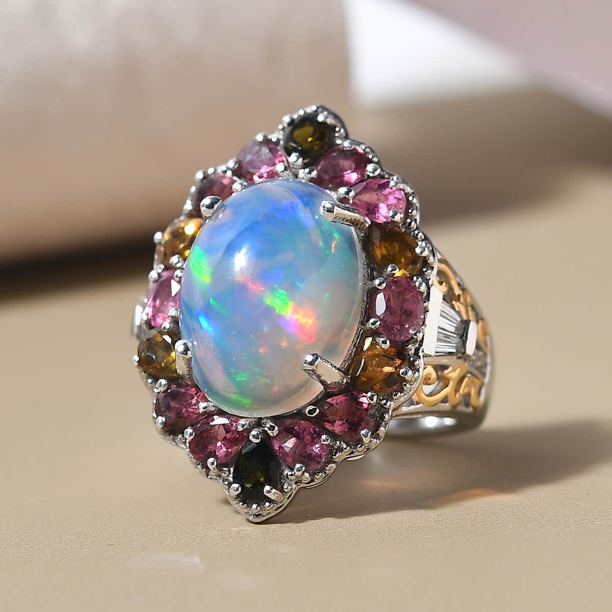 Ethiopian Welo Opal and Multi Gemstone Halo Ring in Vermeil Yellow Gold and Platinum Over Sterling Silver (Size 6.0) 7.50 Grams 8.00 ctw image number 1
