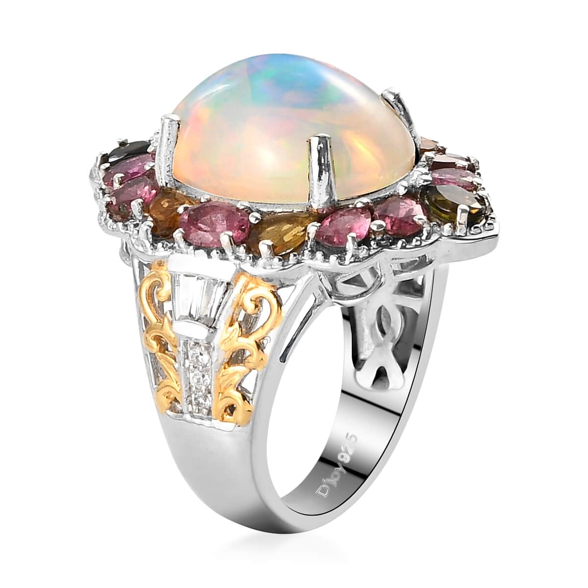 Ethiopian Welo Opal and Multi Gemstone Halo Ring in Vermeil Yellow Gold and Platinum Over Sterling Silver (Size 6.0) 7.50 Grams 8.00 ctw image number 3